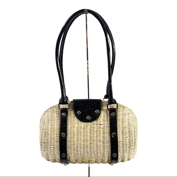 Lux De Ville Purse Romeo Handbag Tote Natural Straw and Sparkle Jet Black - Picture 2 of 5